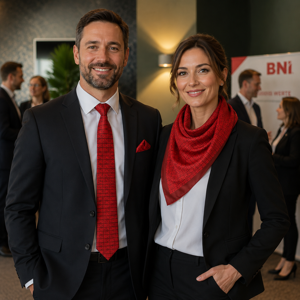 BNI Markenkrawatte mit Einstecktuch